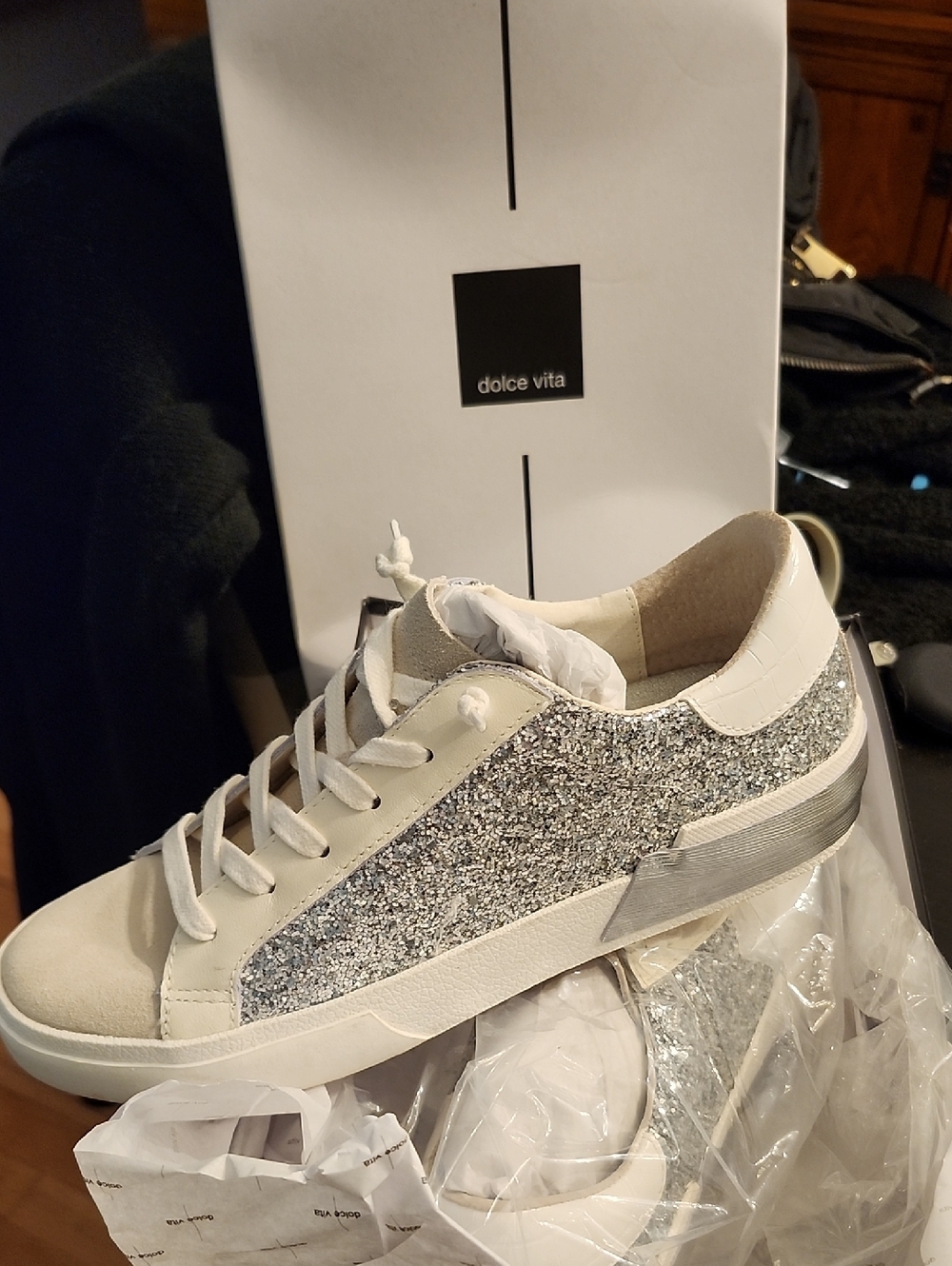 Dolce Vita Silver Glitter and White Low-Top Sneakers